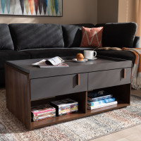 Baxton Studio BR3CFT314-Columbia/Dark Grey-CT Rikke Modern and Contemporary Two-Tone Gray and Walnut Finished Wood 2-Drawer Coffee Table